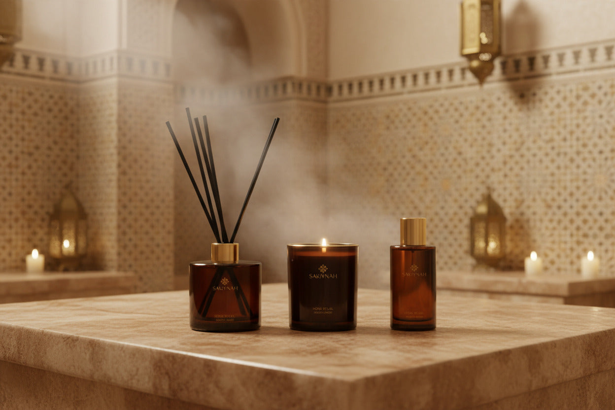 Sakivnah candle set with diffuser, candles, and bottles in a Moroccan Spa