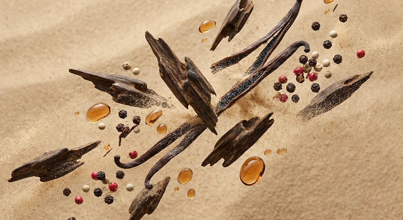 Close-up of vanilla pods, wood chips, peppercorns, and amber droplets on beige background