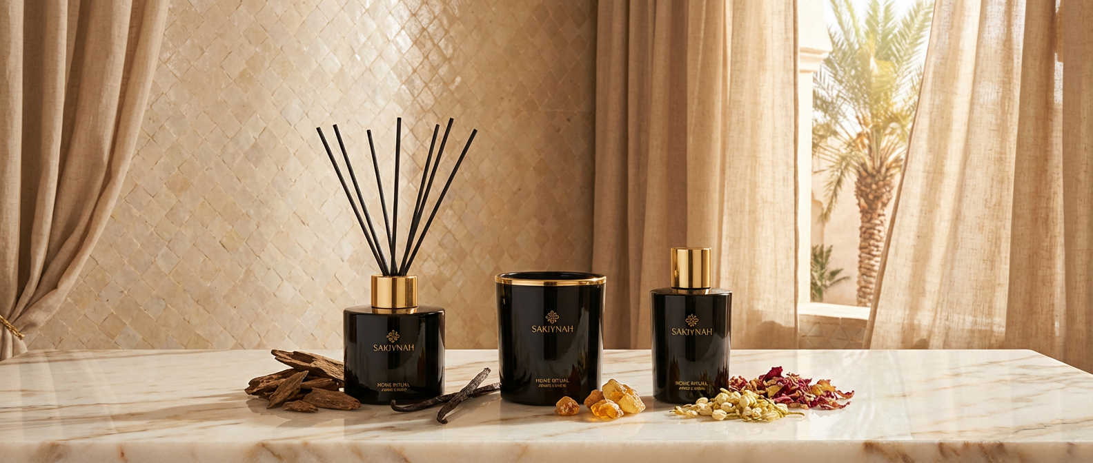 Green and gold Sakiyanah luxury scented candle, diffuser sticks, and perfume bottle on beige shelf