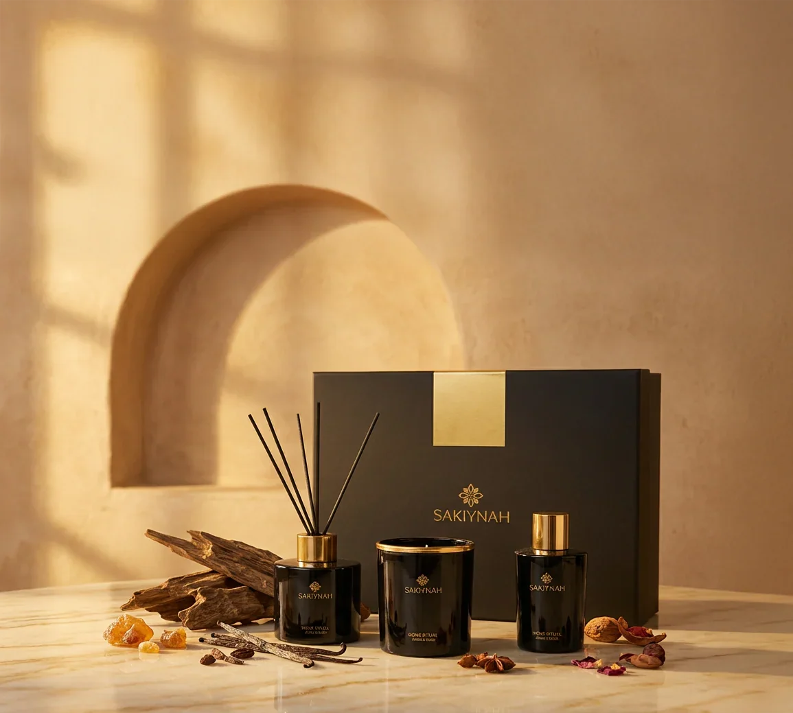 Sakiynah luxury black and gold scented candle, diffuser, and spray set on marble table with aromatic spices