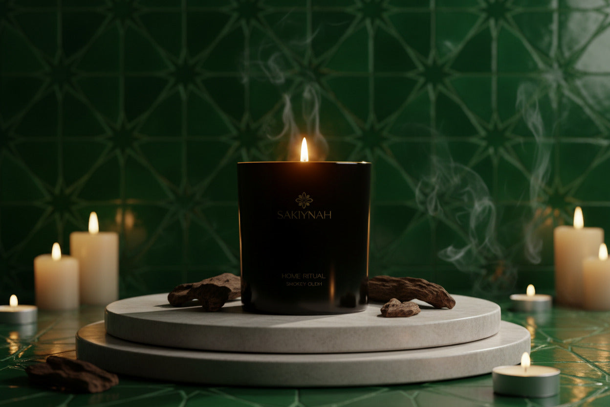 Samkiynah black candle with Oudh scent on a stone holder against a green tiled wall.
