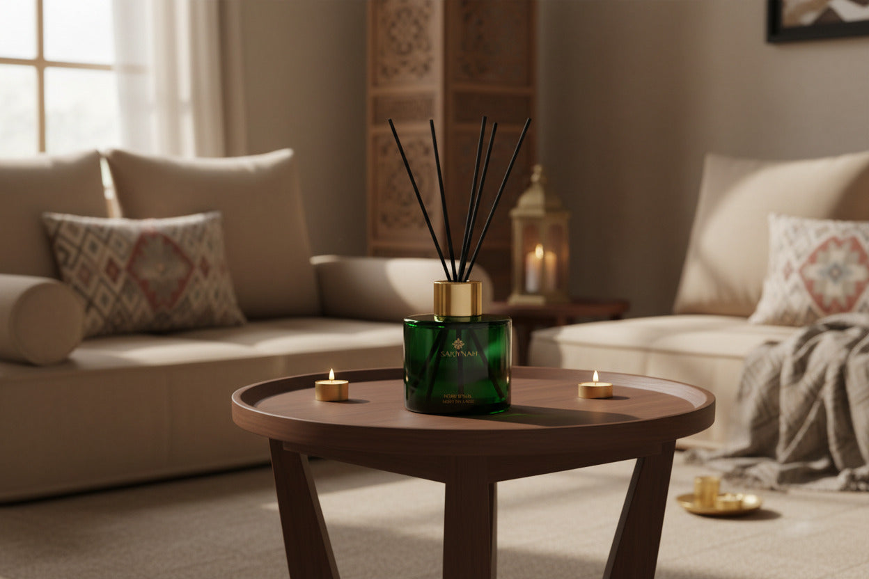 Green diffuser with black sticks in an Arabic living room