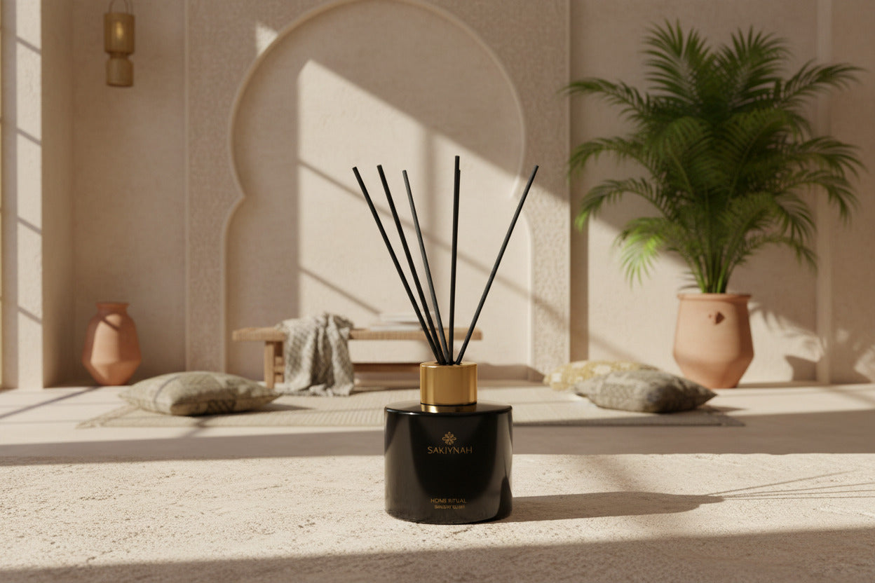 Black diffuser bottle with gold cap and black sticks in a Arabic styled living room