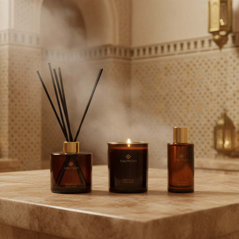 Sakivnah candle set with diffuser, candles, and bottles in a Moroccan Spa