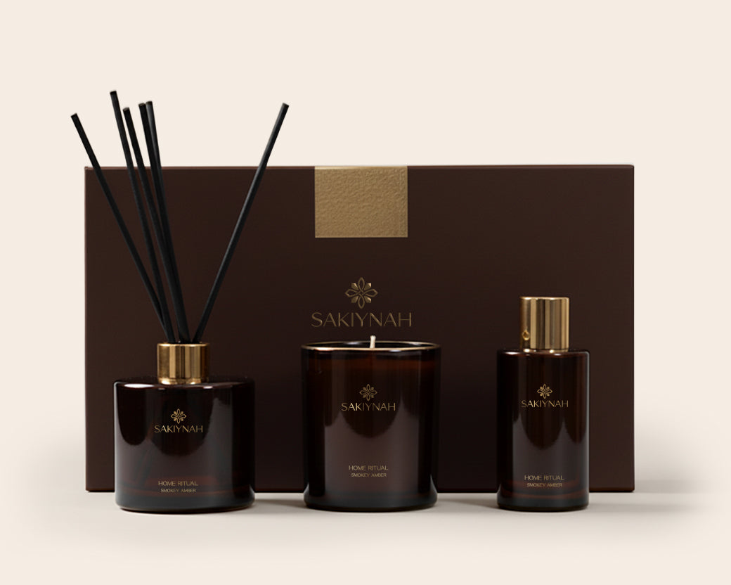 Sakivnah candle set with diffuser, candles, and bottles on a beige background