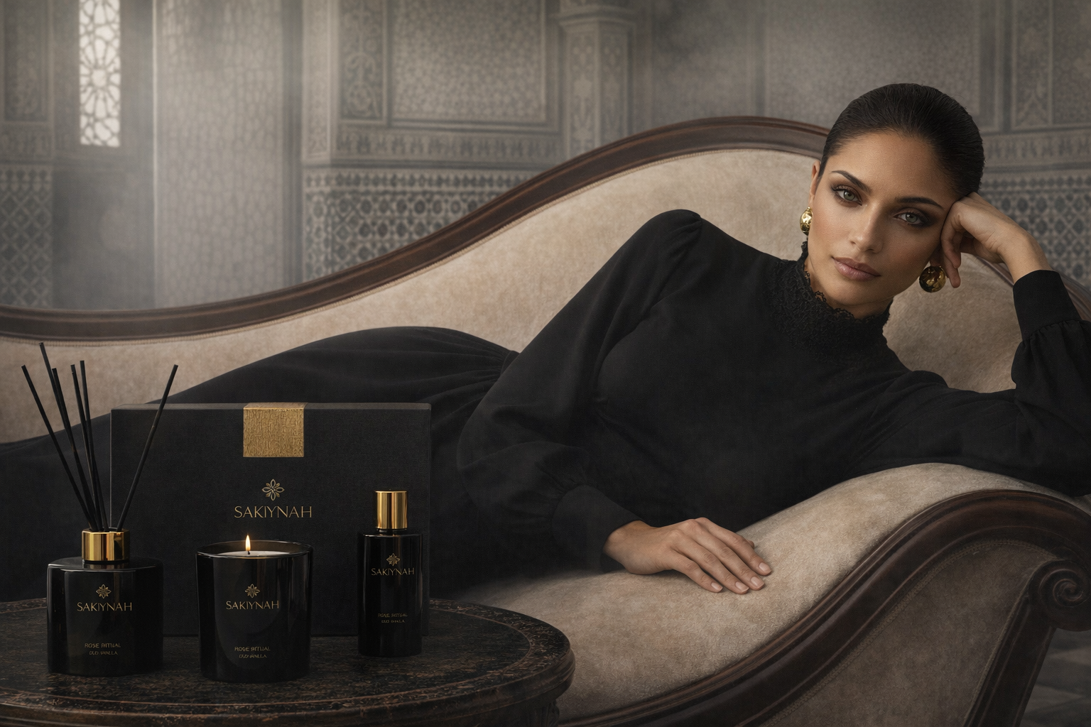 Woman sitting on a couch with Sakiynah Beauty products in a luxurious setting