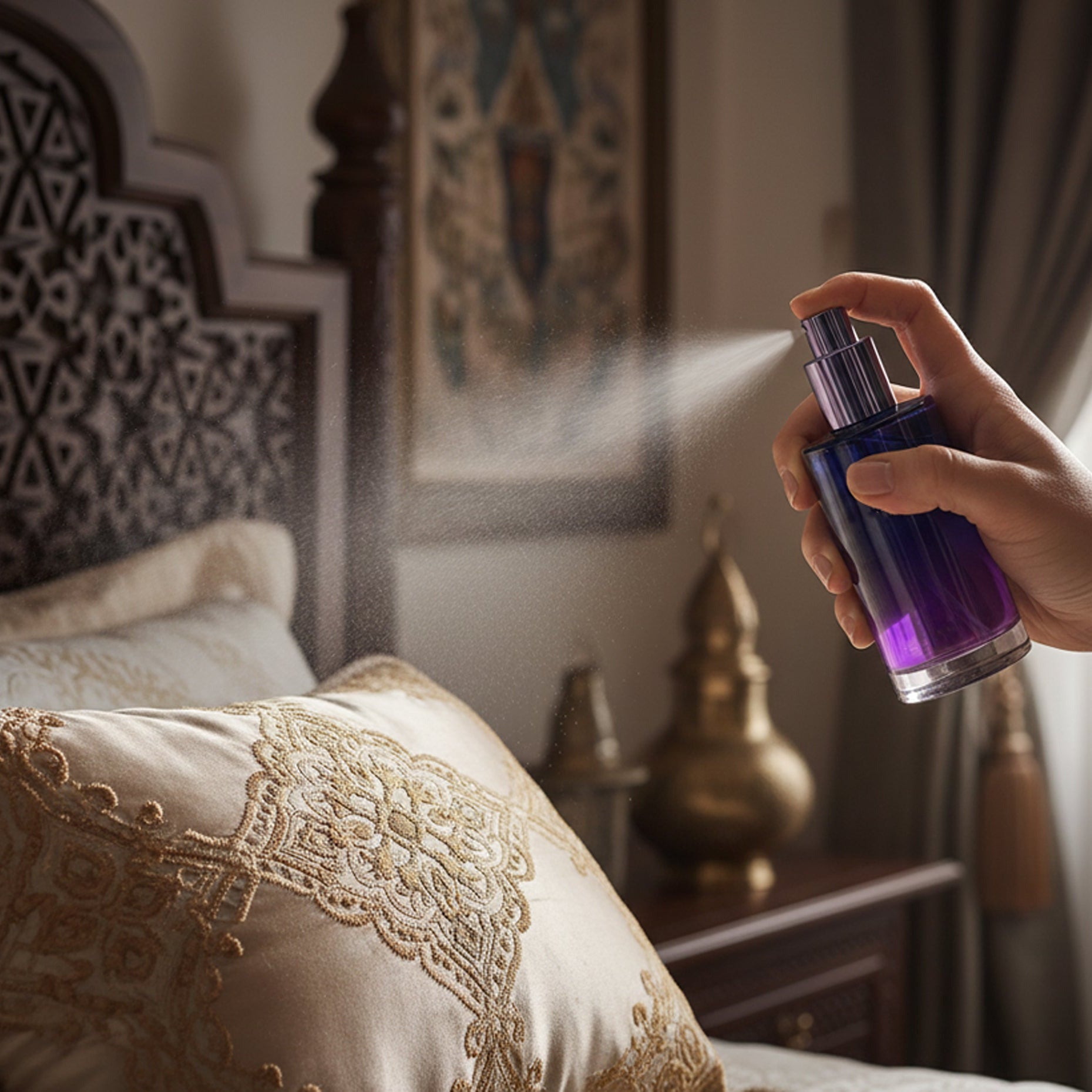 Hand holding a Sakiynah Sleep Mist spray bottle over a decorated room with pillows and a headboard.
