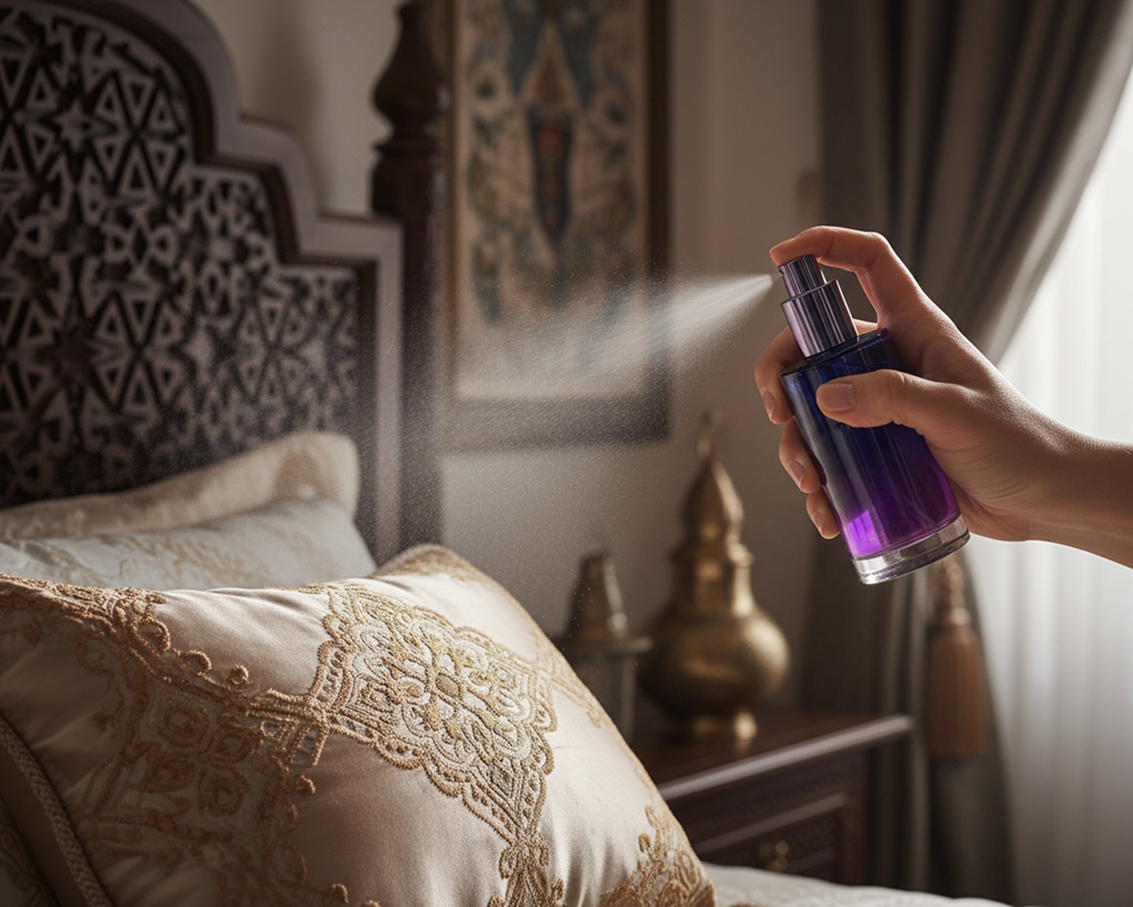 Hand holding a Sakiynah Sleep Mist spray bottle over a decorated room with pillows and a headboard.