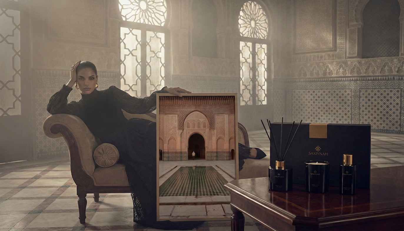 Woman sitting on a couch in a luxurious room with decorative elements and a display of a Sakiynah wall art.