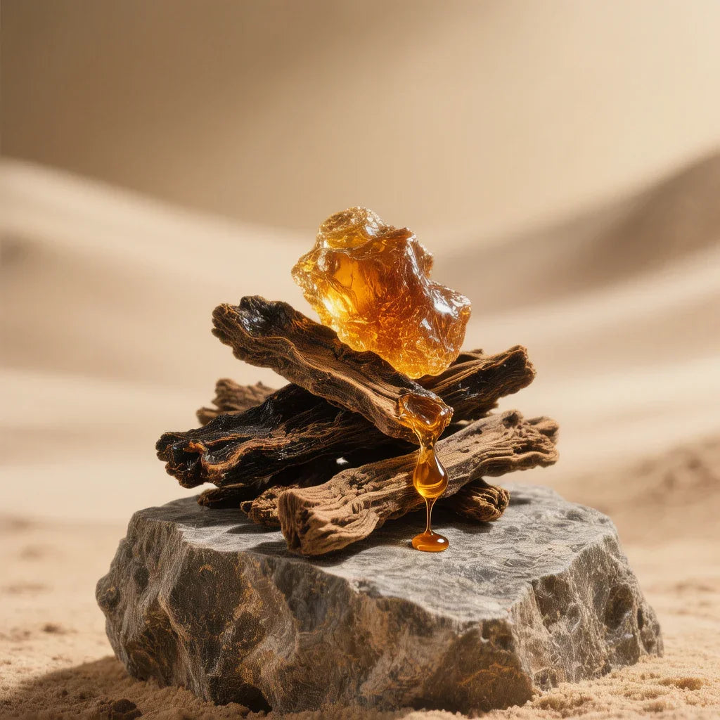 Amber resin dripping onto stacked dried wood pieces on a stone surface with sandy background